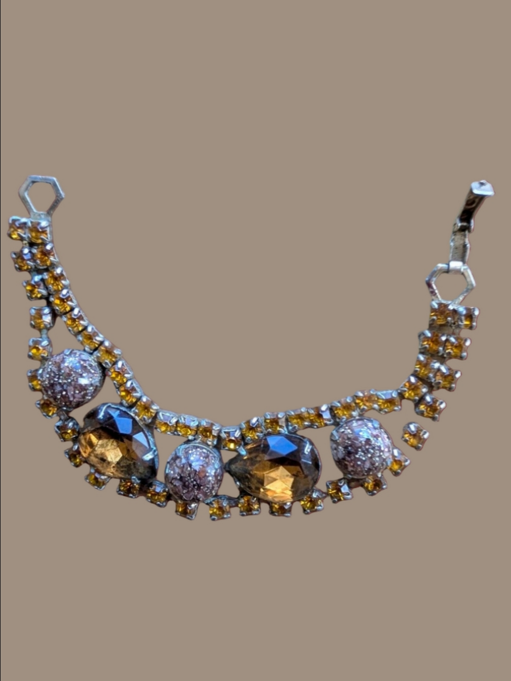 Vintage Bracelet 1950 Amber Crystal Statement  With 3 Small Cabochon Marblized